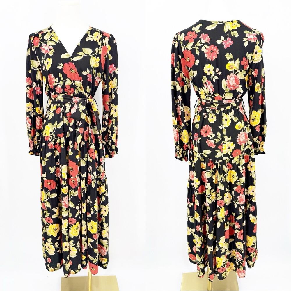 Petal & Pup Maxi Dress S Long Sleeve V Neck Floral Tie Waist Tiered Romantic